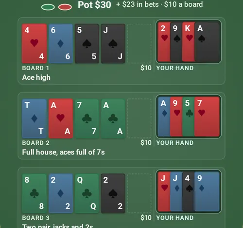 A Patch-Patch table on a phone: three boards, your four-card hand beside each, and the bet panel on your turn